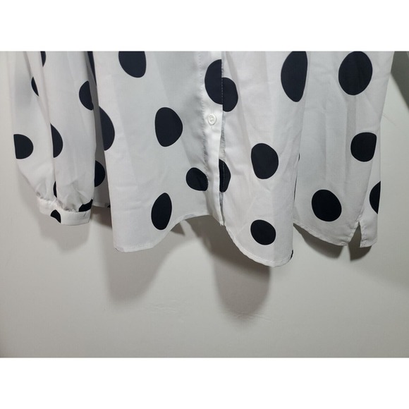 Eloquii 24 White Black Polka Dots Tie At Neckline Button Down Long Sleeve Blouse - Picture 6 of 11